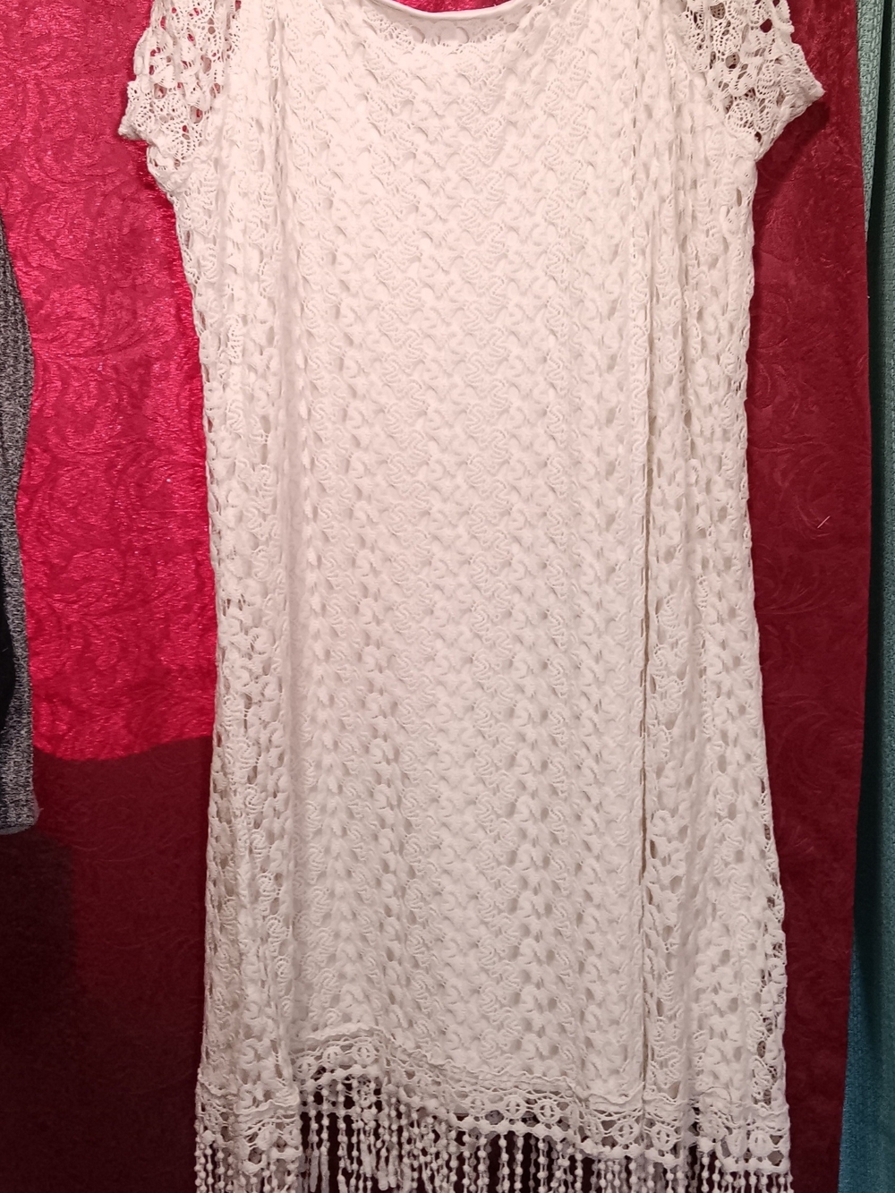C White All Lace Crochet Fringe Sleeveless Slip Shift Dress Size XL